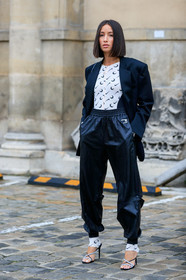 alexandra guerain, black jacket, black pants, marine serre top, white top, monogrammed top, tight top, jogging pants, marine serre pants, white pants, monogrammed pants, high heels sandals, multi straps sandals, strassed stap sandals, fashion week, frenchystyle, FW, jonathan paciullo, street style, PFW, PARIS, SPRING SUMMER 2020, SS 20, horizontal, full length