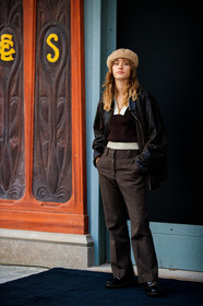 camille jansen, louis vuitton shoes, louis vuitton pants, louis vuitton pullover, brown leather bombers, brown leather jacket, brown pullover, camel pullover, camel pants, burgundy pullover, checked pants, flare pants, black leather loafers, beige beret, beige hat, vintage jacket, PARIS, PFW, fashion week, frenchystyle, FW, jonathan paciullo, street style, SPRING SUMMER 2021, SS 21, vertical, full length