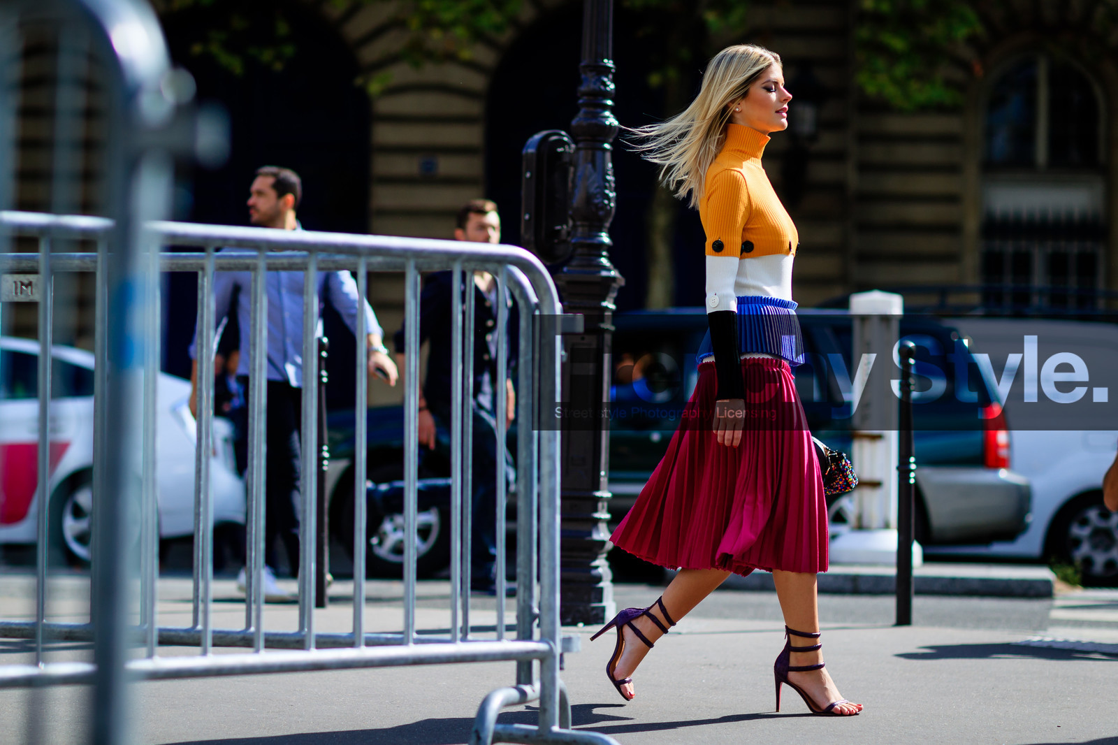 atmosphere details, blue skirt, céline, fashion week, frenchystyle, full length, FW, graphic sweater, high heels, horizontal, jonathan paciullo, lala rudge, lala trussardi, leather shoes, multicolor skirt, multicolor sweater, PARIS, PFW, pleated skirt, pleats, red skirt, SPRING SUMMER 2017, SS 17, street style, striped sweater