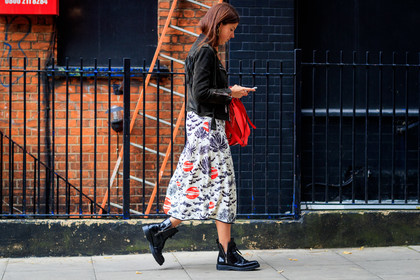 atmosphere details, black jacket, black perfecto, black shoes, blazer, earrings, fashion week, floral, flowers, frenchystyle, full length, FW, graphic dress, horizontal, japanese print, jonathan paciullo, leather bag, leather jacket, leather perfecto, leather shoes, LFW, loewe, LONDON, printed dress, red bag, SPRING SUMMER 2018, SS 18, street style