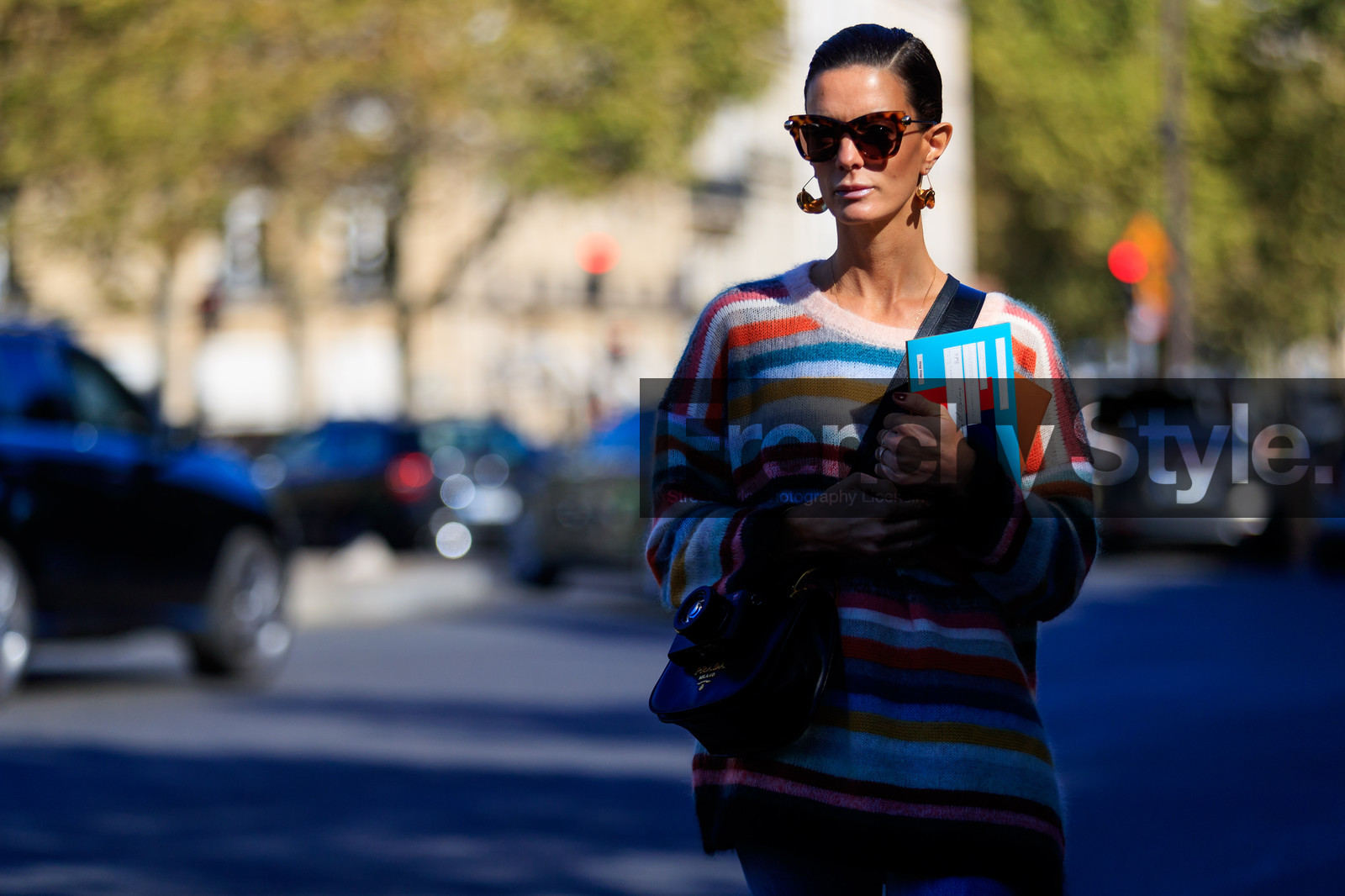 atmosphere details, black bag, detail, earrings, fashion week, frenchystyle, FW, Hedvig Opshaug, Hedvig Sagfjord Opshaug, horizontal, jonathan paciullo, leather bag, multicolor sweater, PARIS, PFW, prada, SPRING SUMMER 2017, SS 17, street style, striped sweater, stripes, sunglasses