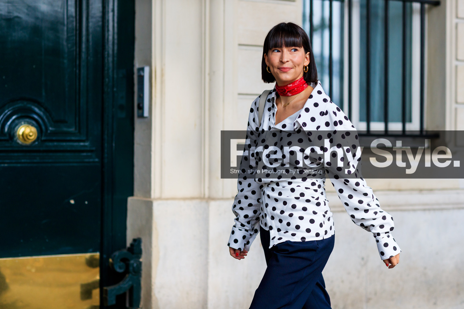 atmosphere details, clara cornet, detail, fashion week, frenchystyle, FW, graphic shirt, horizontal, jonathan paciullo, navy pants, PARIS, PFW, polka dot, printed shirt, red scarf, SPRING SUMMER 2018, SS 18, street style, trousers, white shirt