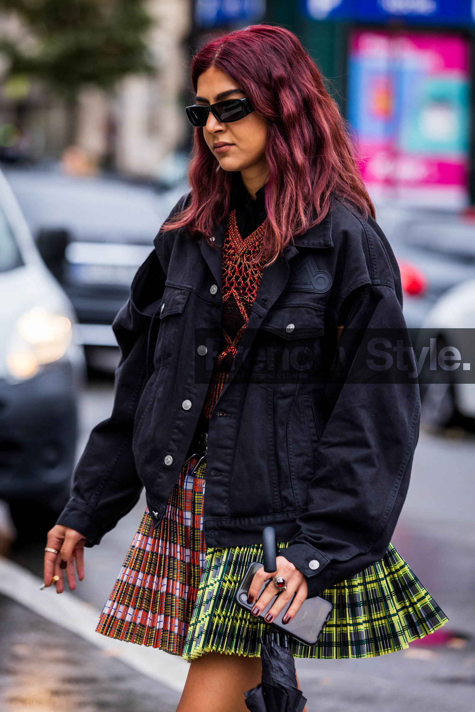 black denim, black jacket, black jean, check, checked skirt, color, denim jacket, jacket, jean, mini skirt, print, red skirt, red top, skirt, sunglasses, top, yellow skirt, fashion week, frenchystyle, FW, jonathan paciullo, street style, PFW, PARIS, SPRING SUMMER 2022, SS 22, vertical, atmosphere details