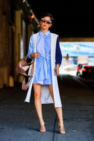 beige bag, beige shoes, blue dress, blue shirt, checked dress, embroidered shoes, fashion week, frenchystyle, full length, FW, geometric, graphic bag, gucci, high heels, jonathan paciullo, leather bag, loewe, NEW YORK, NYFW, patchwork, plaid, shirt dress, sleeveless, SPRING SUMMER 2017, SS 17, street style, striped dress, stripes, sunglasses, tied up shirt, vertical, white jacket, woman