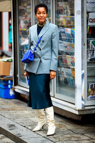 checked jacket, blue jacket, blue skirt, blue leather bag, crossbody bag, max mara bag, golden necklace, big chain necklace, mid long skirt, silk skirt, satin skirt, high boots, white leather boots, tamu mcpherson, street style, jonathan paciullo, FW, frenchystyle, fashion week, MFW, MILAN, SPRING SUMMER 2021, SS 21, vertical, full length