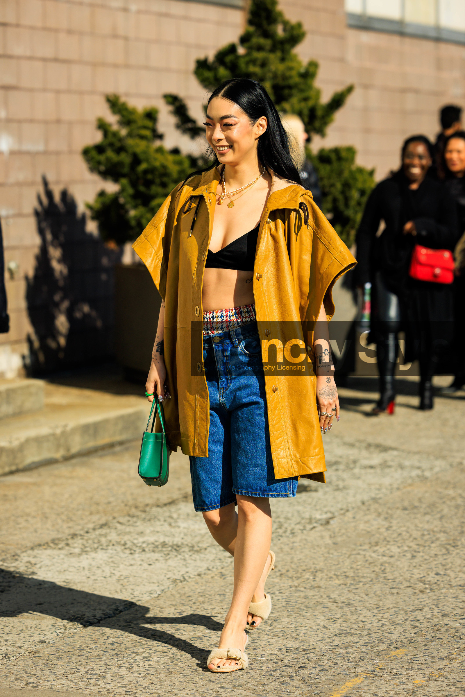 yellow short parka, parka jacket, black bra, denim short, green mini bag, furry sandals, beige sandals, plaid boxers, multicolor underwear, overlayed necklaces, fashion week, frenchystyle, FW, jonathan paciullo, street style, NYFW, NEW YORK, AUTUMN WINTER 2022-2023, FALL WINTER 2022_2023, FW 22-23, vertical, atmosphere details