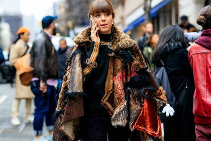 black sweater, brown fur, brown jacket, fur jacket, graphic jacket, jenny cipoletti, necklace, patchwork, printed jacket, frenchystyle, jonathan paciullo, street style, NYFW, NEW YORK, AUTUMN WINTER 2019-2020, AW 19-20, FALL WINTER 2019-2020, FW 19-20, fashion week, FW, atmosphere details, horizontal, detail