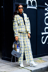 black bag, black shirt, checked, checked suit, christian dior, earrings, graphic bag, graphic jacket, graphic pants, graphic suit, high heels, leather bag, leather shoes, monogram, plaid, printed bag, printed jacket, printed pants, printed suit, sunglasses, transparent bag, trousers, white jacket, white pants, white shoes, white suit, yellow, fashion week, frenchystyle, FW, jonathan paciullo, street style, LFW, LONDON, SPRING SUMMER 2019, SS 19, vertical, full length