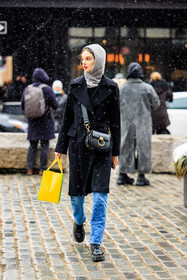 chloe crossbody bag, chloe handbag, black chloe bag, chloe tess bag, black coat, gret hoodie, jeans, docto martens boots, giselle norman, fashion week, frenchystyle, FW, jonathan paciullo, street style, NYFW, NEW YORK, AUTUMN WINTER 2022-2023, FALL WINTER 2022_2023, FW 22-23, vertical, full length, model