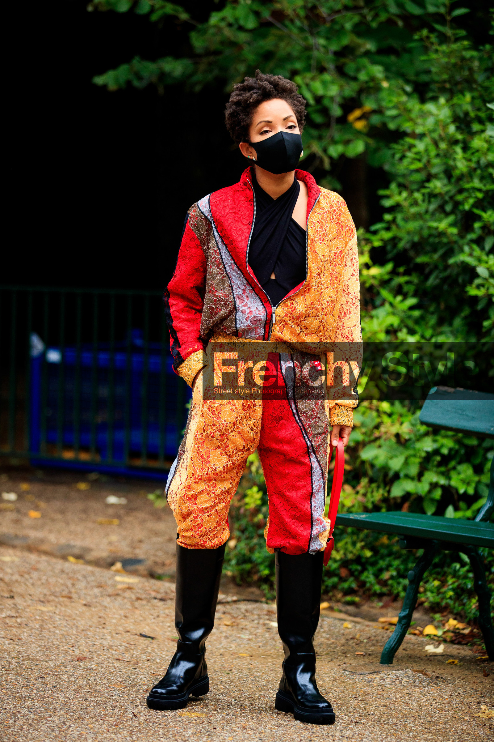 lace jacket, lace pants, yellow jacket, yellow pants, red jacket, red pants, orange pants, orange jacket, black leather boots, flat boots, high boots, zipped jacket, patchwork jacket, patchwork pants, covid face mask, fashion week, frenchystyle, FW, jonathan paciullo, street style, PFW, PARIS, SPRING SUMMER 2021, SS 21, vertical, full length