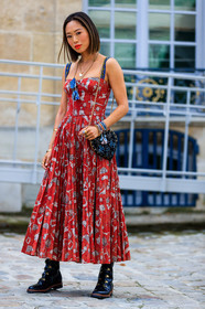 aimee song, black bag, black shoes, bracelet, christian dior, embroidered bag, fashion week, floral, flowers, frenchystyle, full length, FW, graphic bag, graphic dress, jonathan paciullo, leather bag, leather shoes, PARIS, PFW, pleated dress, printed bag, printed dress, red dress, SPRING SUMMER 2018, SS 18, street style, vertical