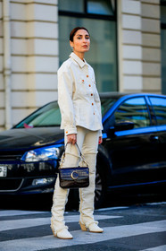 black bag, chloé, denim shirt, eva geraldine fontanelli, geraldine boublil, high boots, high heels, leather bag, leather shoes, trousers, white pants, white shirt, white shoes, fashion week, frenchystyle, FW, jonathan paciullo, street style, PFW, PARIS, AUTUMN WINTER 2019-2020, AW 19-20, FALL WINTER 2019-2020, FW 19-20, vertical, full length