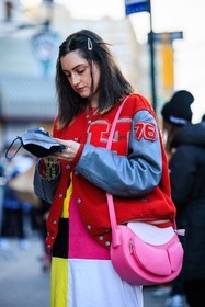 pink bag, red baseball jacket, multicolor dress, fashion week, frenchystyle, FW, jonathan paciullo, street style, NYFW, NEW YORK, AUTUMN WINTER 2022-2023, FALL WINTER 2022_2023, FW 22-23, vertical, atmosphere details