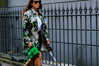 atmosphere details, black skirt, detail, fashion week, floral, flower, frenchystyle, FW, green bag, green coat, green jacket, horizontal, jimmy choo, jonathan paciullo, LFW, LONDON, printed coat, printed jacket, SPRING SUMMER 2017, SS 17, street style, suede bag, sunglasses, tamara kalinic, white shirt, woman