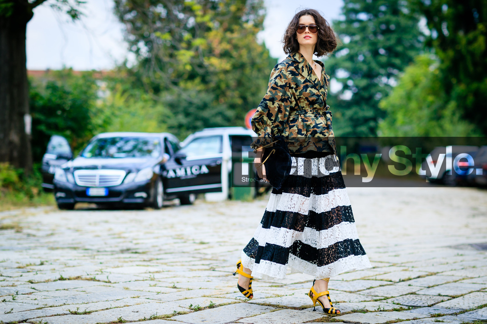 atmosphere details, black and white, camo jacket, camouflage, fashion week, frenchystyle, full length, FW, graphic skirt, green jacket, high heels, horizontal, jonathan paciullo, kaki jacket, lace skirt, leather bag, leather shoes, MFW, MILAN, military jacket, prada, printed jacket, printed skirt, SPRING SUMMER 2017, SS 17, street style, striped skirt, sunglasses, yellow sandals
