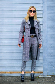 Annabel Rosendahl, AUTUMN WINTER 2017-2018, AW 17-18, black belt, black jacket, black shoes, black turtleneck, checked coat, checked jacket, checked pants, checked suit, FALL WINTER 2017-2018, fashion week, frenchystyle, full length, FW, FW 17-18, graphic coat, graphic jacket, graphic pants, graphic suit, grey coat, grey jacket, grey suit, high heels, jonathan paciullo, leather bag, leather belt, leather shoes, MFW, MILAN, plaid, printed coat, printed jacket, printed pants, printed suit, saint laurent paris, stir pants, street style, sunglasses, trench coat, trousers, vertical