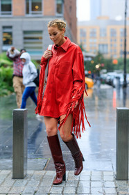 braids, brown boots, earrings, fringes, high boots, high heels, leather shirt, leather shoes, oversize, red shirt, fashion week, frenchystyle, FW, jonathan paciullo, street style, NEW YORK, NYFW, SPRING SUMMER 2020, SS 20, vertical, full length