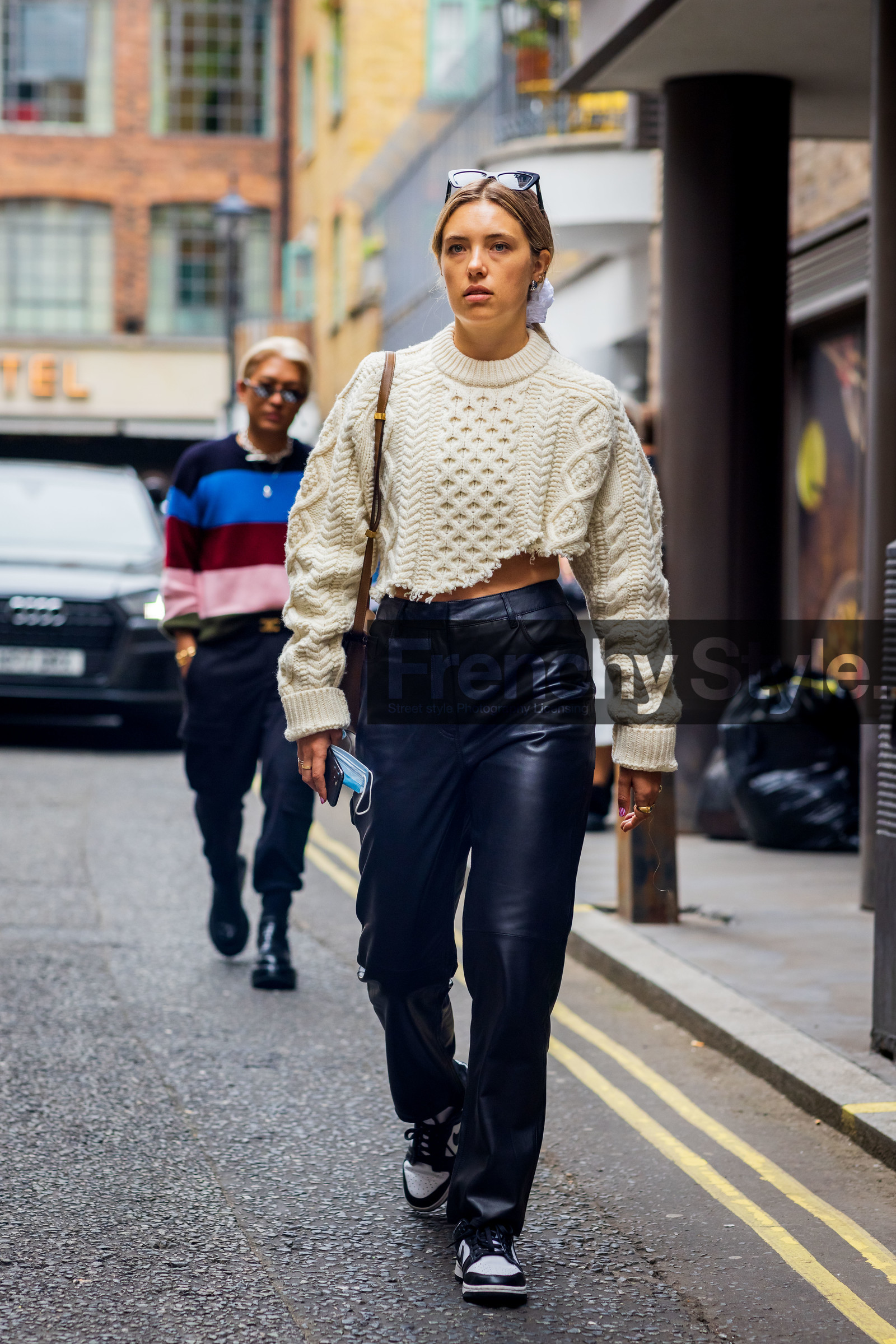 Aemilia Madden, jumper, cropped top, white, knitted top, leather, trousers, sunglasses, high waisted, knit, sneakers, fashion week, frenchystyle, FW, jonathan paciullo, street style, SS 22, SPRING SUMMER 2022, LFW, LONDON, vertical, full length