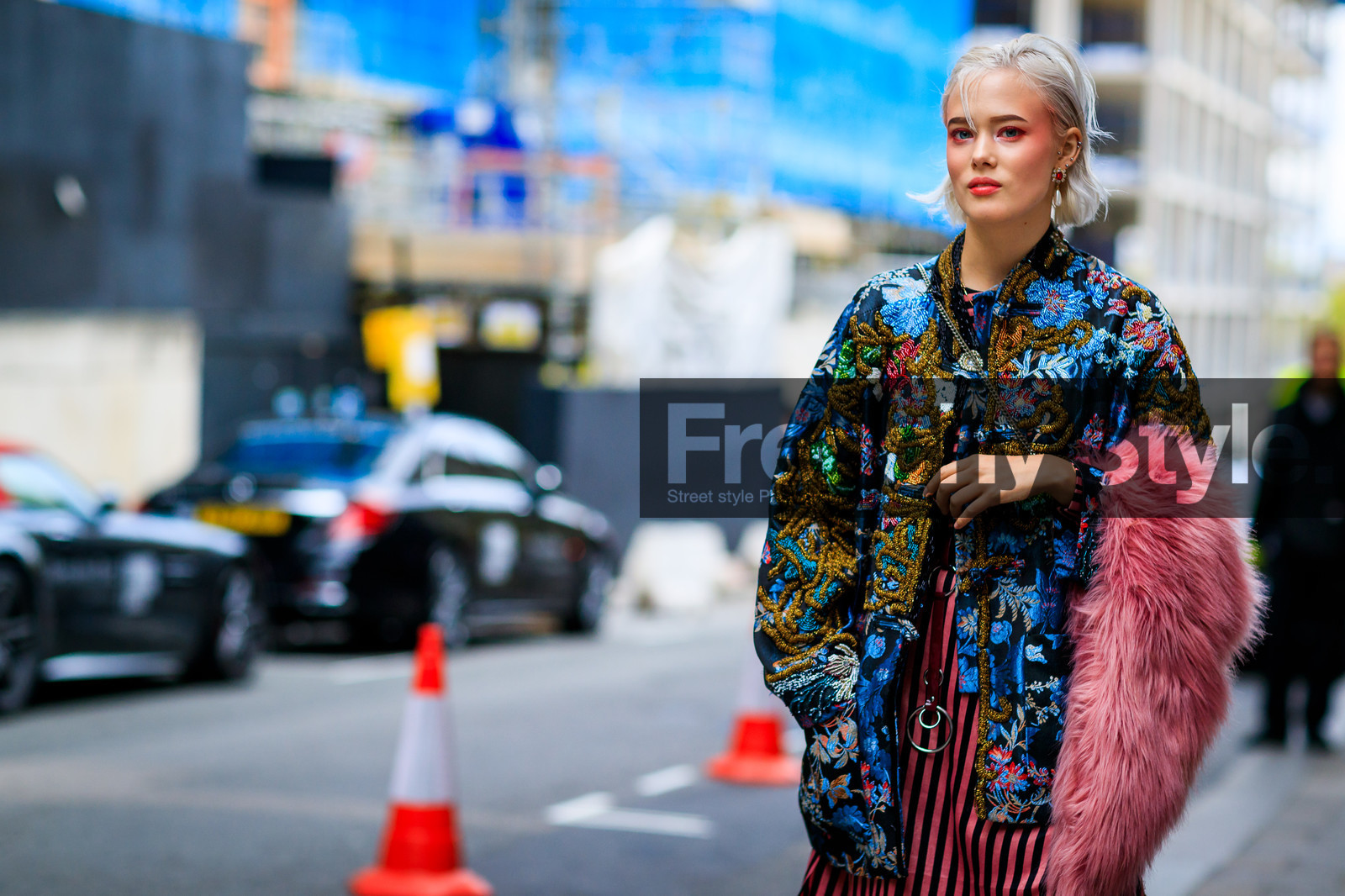 blue jacket, embroidered jacket, eyeshadow, graphic skirt, multicolor jacket, pink fur, pink skirt, printed skirt, striped skirt, fashion week, frenchystyle, FW, jonathan paciullo, street style, LFW, LONDON, SPRING SUMMER 2019, SS 19, atmosphere details, horizontal, detail