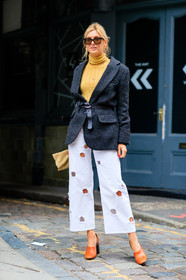 belted jacket, black belt, blazer, brown shoes, camille charriere, céline, denim pants, fashion week, frenchystyle, full length, FW, graphic pants, grey jacket, high heels, jeans, jonathan paciullo, leather bag, leather belt, leather shoes, LFW, LONDON, ripped pants, SPRING SUMMER 2017, SS 17, street style, sunglasses, trousers, vertical, white denim, white pants, woman, yellow sweater