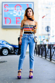 black bandana, black scarf, blue denim, bracelet, bustier top, crop top, denim pants, dyed hair, fashion week, frenchystyle, full length, FW, geometric, graphic top, high heels, jeans, jonathan paciullo, leather bag, MENSWEAR, off the shoulder, PARIS, PFW, purple shoes, SPRING SUMMER 2017, SS 17, street style, striped top, stripes, suede shoes, trousers, vertical, white bag
