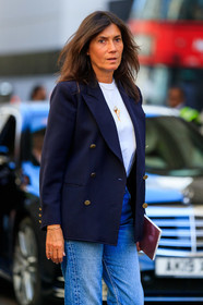 Emmanuelle Alt, navy blue jacket, white t-shirt, animals charms necklace, light blue jacket, cartier bracelet, cartier clou bracelet, fashion week, frenchystyle, FW, jonathan paciullo, street style, vertical, detail, atmosphere details