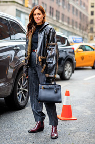 black bag, black jacket, bordeaux, brown jacket, burgundy, gala gonzalez, graphic pants, grey pants, grey sweater, leather bag, leather belt, leather jacket, leather shoes, printed pants, ralph lauren, red belt, red boots, trousers, frenchystyle, jonathan paciullo, street style, NYFW, NEW YORK, AUTUMN WINTER 2019-2020, AW 19-20, FALL WINTER 2019-2020, FW 19-20, fashion week, FW, vertical, full length