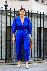 beige shoes, bettina looney, blue jumpsuit, brown bag, burberry, checked, high heels, leather bag, leather shoes, necklace, plaid, printed shoes, tartan, trousers, fashion week, frenchystyle, FW, jonathan paciullo, street style, LFW, LONDON, SPRING SUMMER 2019, SS 19, vertical, full length
