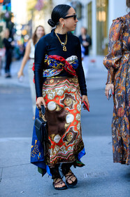 black bag, black shoes, black turtleneck, céline, graphic dress, leather bag, leather shoes, multicolor dress, necklace, printed dress, sarah brody, sunglasses, fashion week, frenchystyle, FW, jonathan paciullo, street style, NEW YORK, NYFW, SPRING SUMMER 2020, SS 20, vertical, full length