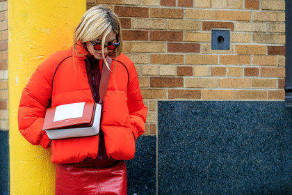 atmosphere details, AUTUMN WINTER 2017-2018, AW 17-18, camille charriere, converse, céline, detail, down jacket, FALL WINTER 2017-2018, fashion week, frenchystyle, FW, FW 17-18, graphic bag, horizontal, jonathan paciullo, leather bag, leather skirt, NEW YORK, NYFW, printed bag, red bag, red jacket, red skirt, street style, sunglasses, tights, white sneakers