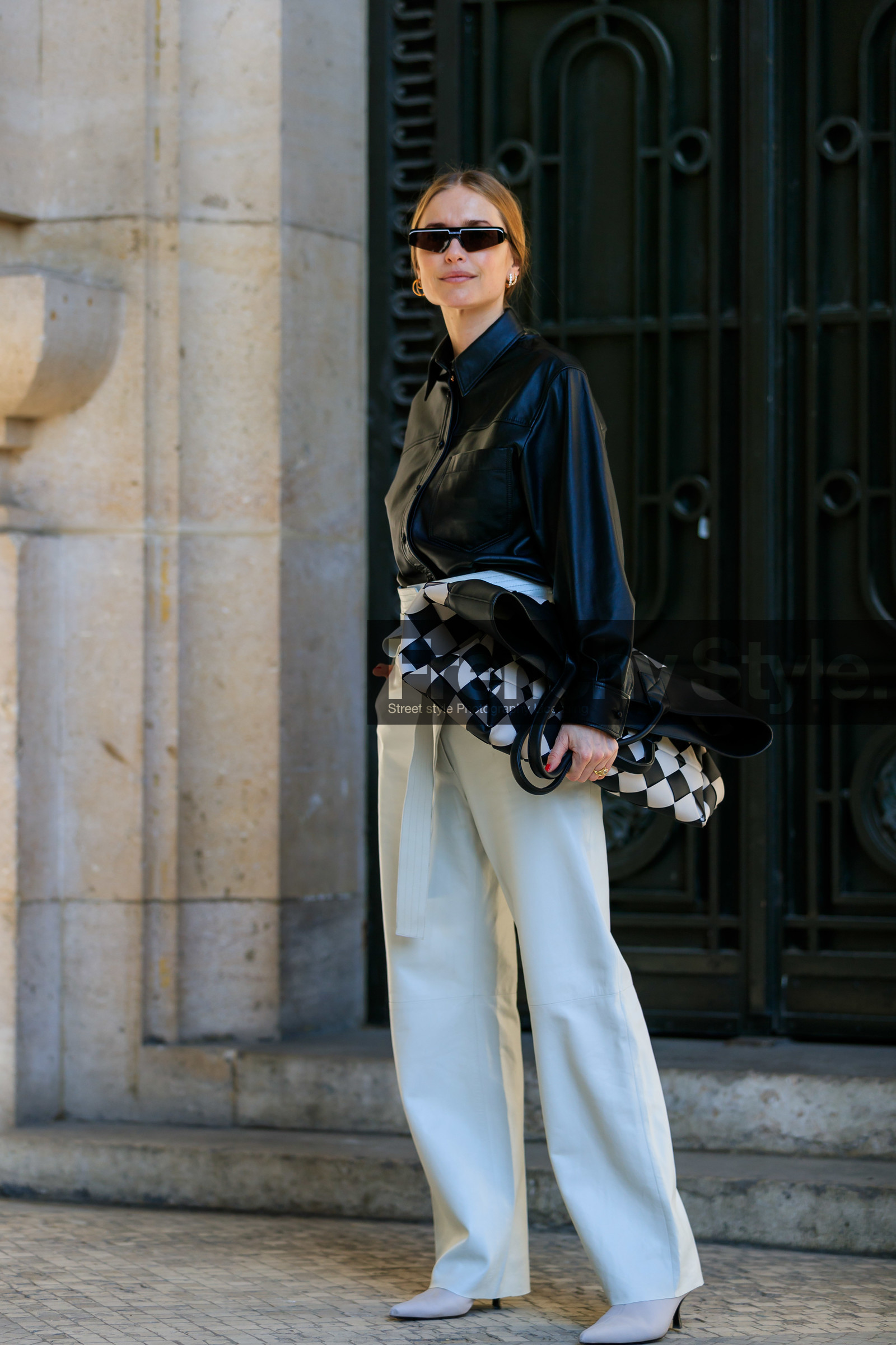 black and white bag, black shirt, checked, graphic bag, leather bag, leather pants, leather shirt, leather shoes, pernille teisbaek, plaid, printed bag, sunglasses, trousers, white pants, white shoes, PARIS, PFW, street style, jonathan paciullo, FW, frenchystyle, fashion week, AUTUMN WINTER 2019-2020, AW 19-20, FALL WINTER 2019-2020, FW 19-20, vertical, full length
