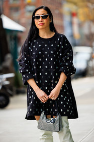 black dress with gems, white highknee boots, studded prada bag, black sun glasses, fashion week, frenchystyle, FW, jonathan paciullo, street style, NYFW, NEW YORK, AUTUMN WINTER 2022-2023, FALL WINTER 2022_2023, FW 22-23, vertical, atmosphere details