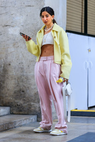 nike shoes, light yellow jacket, yellow jacket, white top, asymmetrical top, cropped top, light pink pants, pink pants, oversize pants, carrot pants, low waist pants, golden necklace, golden earrings, multi necklace, multi earrings, medal necklace, pearl necklace, white leather bag, acne studios bag, selma kaci, fashion week, frenchystyle, FW, jonathan paciullo, street style, PFW, PARIS, SPRING SUMMER 2022, SS 22, vertical, full length