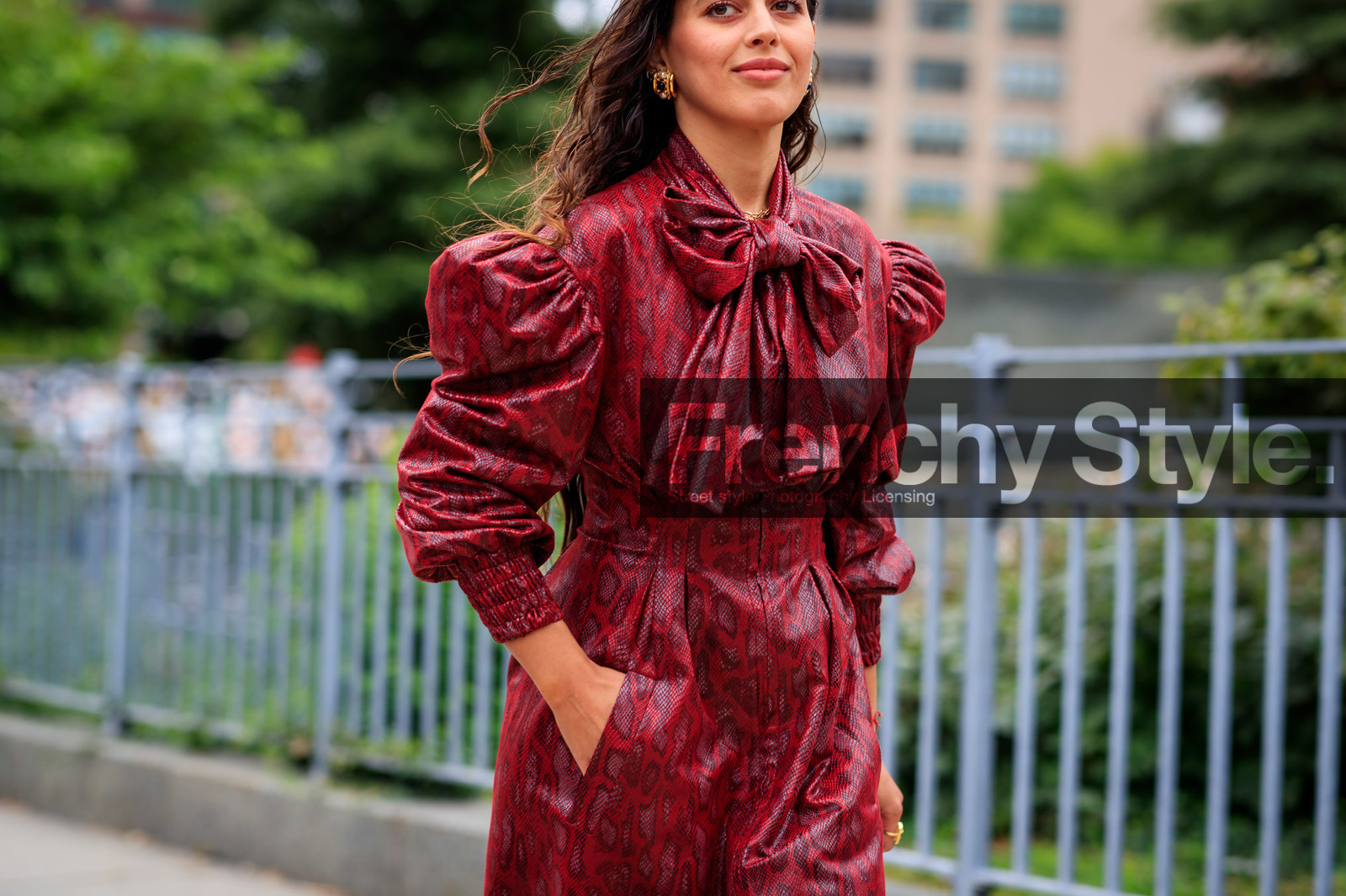animal print, bow collar, earrings, graphic dress, leather dress, printed dress, red dress, snake print, fashion week, frenchystyle, FW, jonathan paciullo, street style, NEW YORK, NYFW, SPRING SUMMER 2020, SS 20, horizontal, atmosphere details, detail