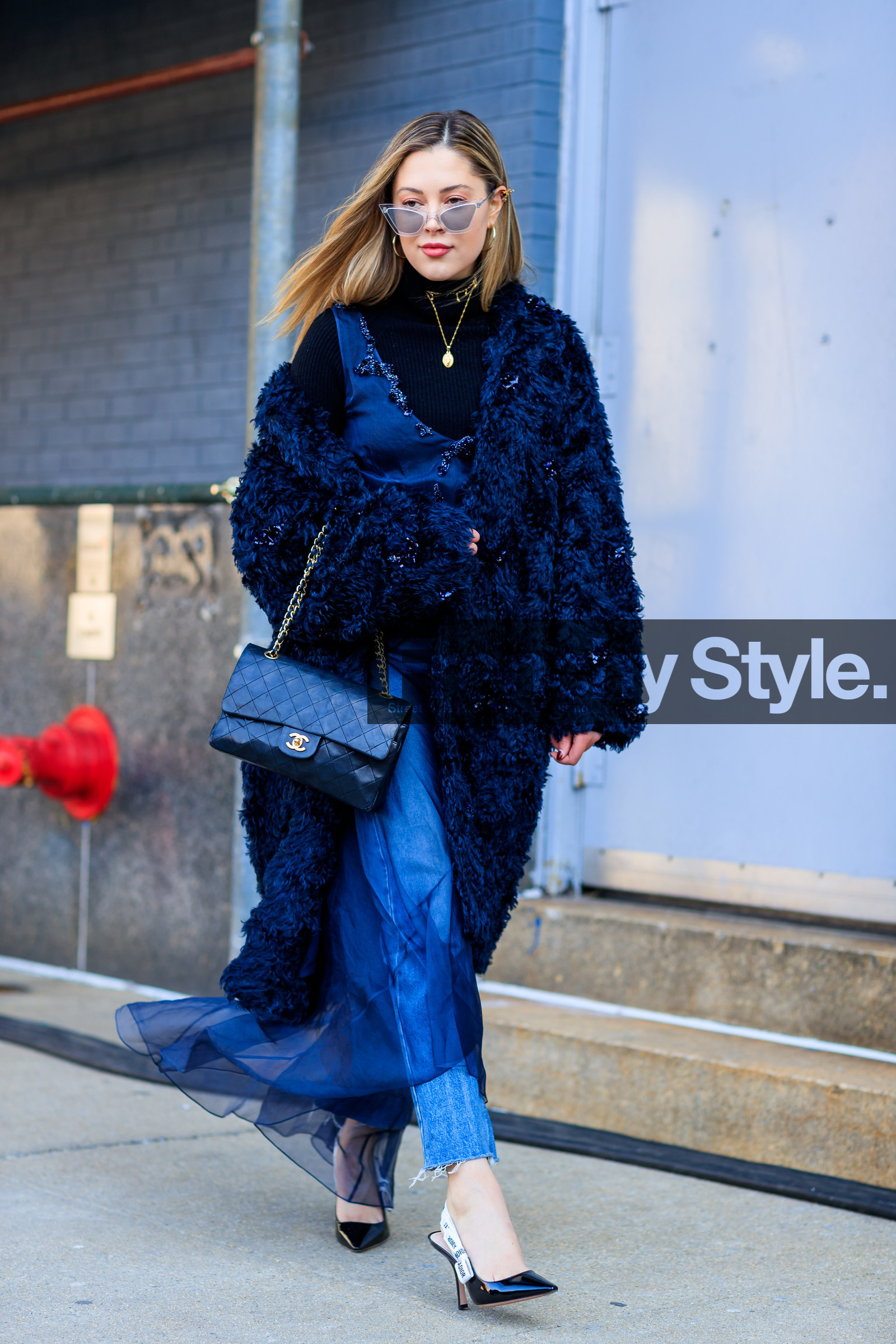 black and white shoes, black bag, black fur coat, black shoes, black turtleneck, blue denim, blue dress, chanel handbag, christian dior, denim pants, high heels, jeans, leather bag, leather shoes, necklace, see through, silk dress, sunglasses, trousers, varnished leather shoes, street style, jonathan paciullo, FW, frenchystyle, fashion week, NYFW, NEW YORK, AUTUMN WINTER 2018-2019, AW 18-19, FALL WINTER 2018-2019, FW 18-19, vertical, full length