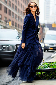 black bag, black shoes, blazer, blue skirt, glitter, high boots, high heels, leather bag, leather shoes, navy jacket, sequined bag, shiny bag, sunglasses, tulle, frenchystyle, jonathan paciullo, street style, NYFW, NEW YORK, AUTUMN WINTER 2019-2020, AW 19-20, FALL WINTER 2019-2020, FW 19-20, fashion week, FW, vertical, full length