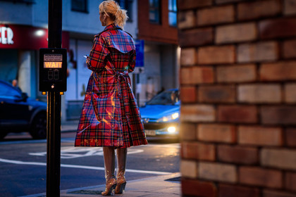 atmosphere details, checked jacket, fashion week, frenchystyle, full length, FW, graphic jacket, high boots, high heels, horizontal, jonathan paciullo, leather shoes, LFW, LONDON, olga karput, plaid, printed jacket, raincoat, red coat, SPRING SUMMER 2018, SS 18, street style, tartan, transparent heel, transparent shoes