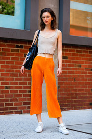 beige top, black bag, fashion week, frenchystyle, full length, FW, jonathan paciullo, leather bag, leather sneakers, model, NEW YORK, NYFW, orange pants, SPRING SUMMER 2017, SS 17, street style, vertical, white sneakers, woman
