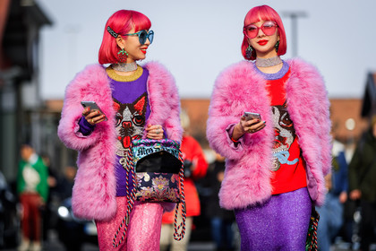 animal print, chinese print, choker, dyed hair, fur jacket, fuschia, glitter, graphic bag, gucci, japanese print, leather bag, multicolor bag, necklace, pink fur, pink hair, pink jacket, pink pants, printed bag, purple skirt, purple sweater, red lips, red sweater, rings, sequined pants, sequined skirt, shiny pants, shiny skirt, sunglasses, tights, fashion week, frenchystyle, FW, jonathan paciullo, street style, MFW, MILAN, AUTUMN WINTER 2018-2019, FALL WINTER 2018-2019, FW 18-19, horizontal, atmosphere details, Ami and Aya Suzuki, Ami and Aya Suzuki, Ami and Aya Suzuki, Ami and Aya Suzuki