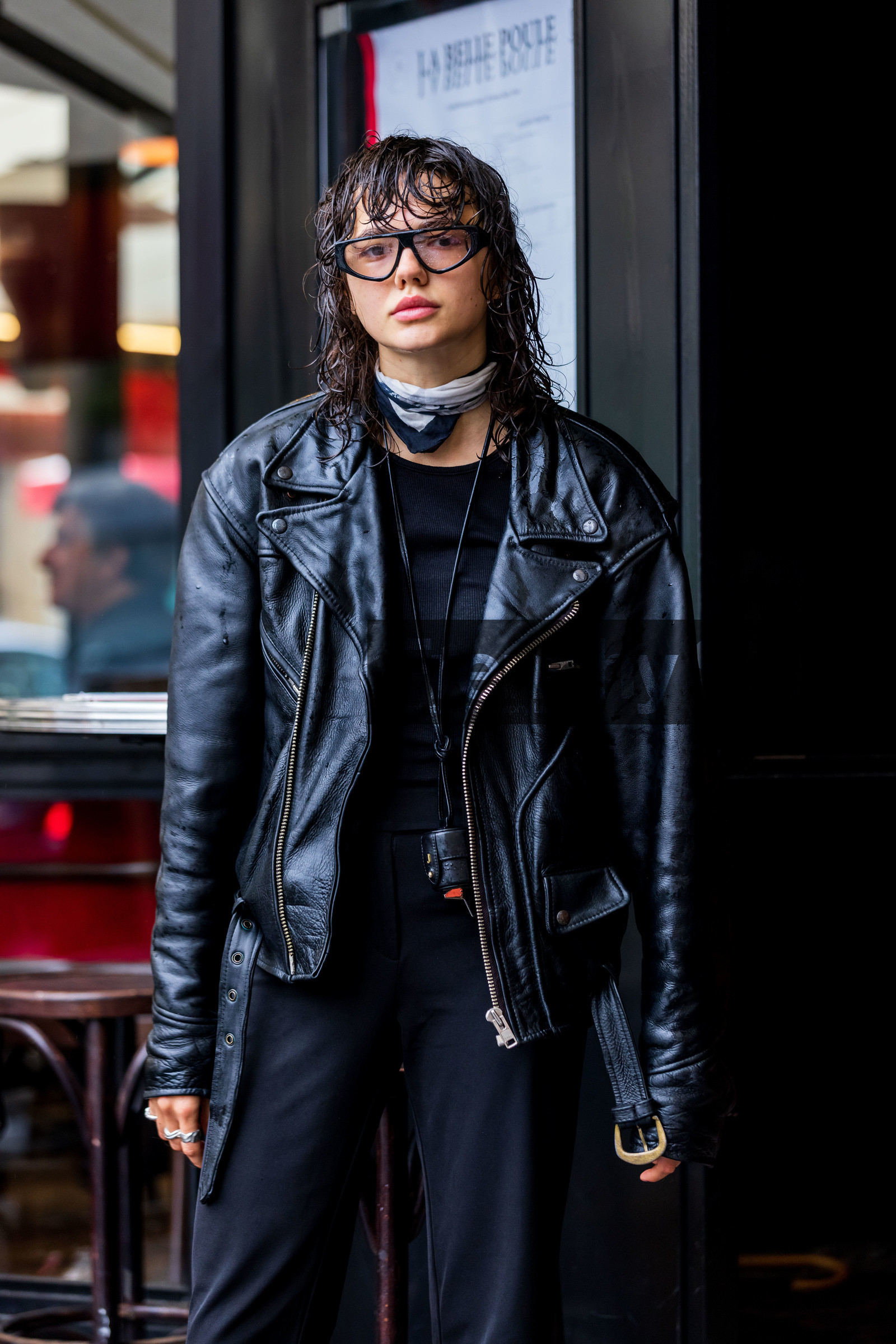 black monochrome, black pants, black perfecto, black scarf, black t-shirt, glasses, jacket, leather jacket, pants, perfecto, scarf, t-shirt, white scarf, fashion week, frenchystyle, FW, jonathan paciullo, street style, PFW, PARIS, SPRING SUMMER 2022, SS 22, vertical, atmosphere details