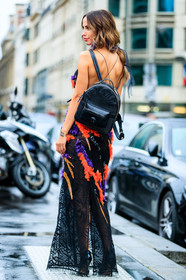 AUTUMN WINTER 2016-2017, AW 16-17, back detail, black, black bag, black shoes, embroidered dress, FALL WINTER 2016-2017, fashion week, frenchystyle, full length, FW, FW 16-17, HAUTE COUTURE, high heels, jonathan paciullo, leather backpack, leather shoes, MENSWEAR, open back, PARIS, PFW, purple, red, see through, sequined dress, street style, versace, vertical