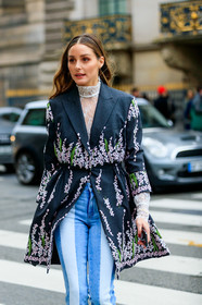 olivia palermo, dark grey jacket, lilac jacket, floral embroidered jacket, white blouse, high collar blouse, lace blouse, blue jeans, striped jeans, denim, light pink jacket, fashion week, frenchystyle, FW, jonathan paciullo, street style, PFW, PARIS, vertical, atmosphere details, detail