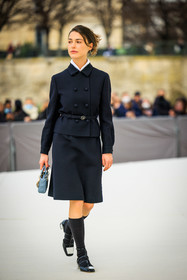 dior, christian dior, blue midi skirt, blue jacket, buttoned jacket, dior shoes, black socks, mini lady dior bag, blue bag, sophia roe, fashion week, frenchystyle, FW, jonathan paciullo, street style, AUTUMN WINTER 2022-2023, FALL WINTER 2022_2023, FW 22-23, PFW, PARIS, vertical, full length