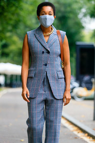 blue jacket, blue suits, blue pants, checked jacket, checked pants, checked suits, sleeveless jacket, golden necklace, flare pants, red jacket, red pants, red suits, covid face mask, tamu mcpherson, street style, jonathan paciullo, FW, frenchystyle, fashion week, MFW, MILAN, SPRING SUMMER 2021, SS 21, vertical, full length