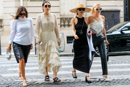 nude dress, silk dress, long sleeves dress, round shape glasses, round shape sunglasses, black sunglasses, chain strap sunglasses, multi necklace, long necklace, golden necklace, belted dress, pearl belt, long dress, ruffle dress, lace dress, chanel belt, chanel dress, chanel sunglasses, chanel total look, chanel shoes, dad shoes, black leather sandals, flat boots, multi straps sandals, quilted sandals, pearl necklace, stone necklace, white blouse, high collar blouse, lace blouse, ruffle blouse, ruffle sleeves, black leather skirt, mid long skirt, white leather bag, white leather sandals, prada sandals, prada shoes, bottega veneta bag, hand bag, plaited bag, round shape bag, white dress, strapless top, straw hat, beige hat, sleeveless dress, tight dress, crossbody bag, chain strap bag, chanel bag, black leather shoes, mary jane shoes, scarf, scarf detail, scarf top, white top, white scarf, printed scarf, printed top, striped scarf, striped top, black pants, vinyl pants, animal skin pants, white sunglasses, big sunglasses, celine sunglasses, square shape glasses, white leather shoes, white leather loafers, balenciaga loafers, balenciaga shoes, fashion week, frenchystyle, FW, jonathan paciullo, street style, PFW, PARIS, AUTUMN WINTER 2021-2022, FALL WINTER 2021-2022, FW 21-22, atmosphere details, horizontal, full length