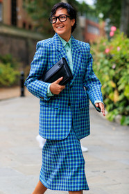 suits, blue suits, checked suits, checked jacket, checked skirt, blue jacket, green jacket, green skirt, mid long skirt, blue skirt, light green shirt, square shape glasses, black leather clutch, fashion week, frenchystyle, FW, jonathan paciullo, street style, vertical, detail, atmosphere details