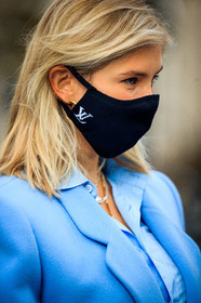 xenia adonts, light blue jacket, light blue shirt, close up detail, mask detail, covid face mask, monogramme, louis vuitton, fashion week, frenchystyle, FW, jonathan paciullo, street style, PFW, PARIS, SPRING SUMMER 2021, SS 21, vertical, atmosphere details, detail