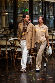 beige blazer, beige sneakers, blazer, brown scarf, denim, Jean Sebastien Roques, lanvin look, large pants, menswear, orange scarf, pants, print, printed scarf, scarf, sneakers, white denim, white pants, fashion week, frenchystyle, FW, jonathan paciullo, street style, PFW, PARIS, SPRING SUMMER 2022, SS 22, vertical, full length
