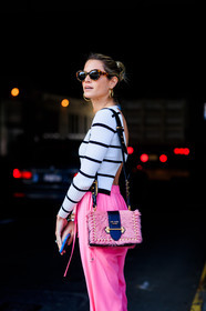 atmosphere details, detail, fashion week, frenchystyle, fur bag, FW, geometric, graphic sweater, helena bordon, high heels, iphone, jonathan paciullo, leather bag, NEW YORK, NYFW, pink bag, pink pants, prada, printed sweater, SPRING SUMMER 2018, SS 18, street style, striped top, sunglasses, trousers, vertical, white sweater