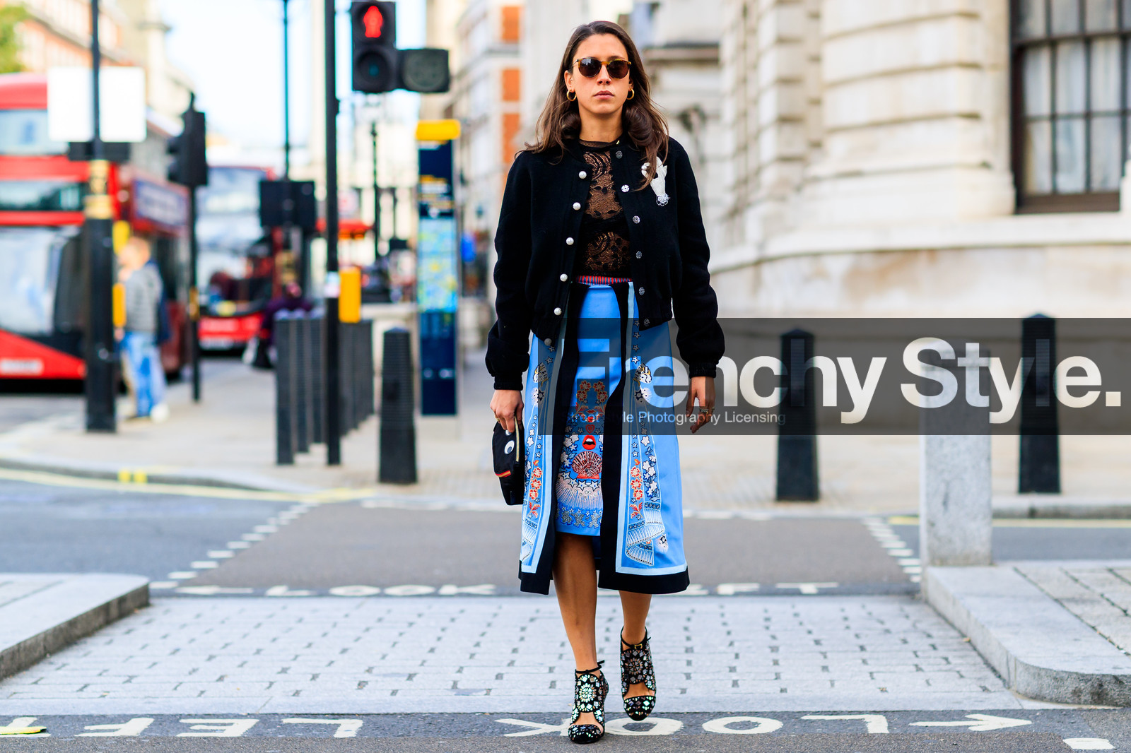 black bag, black jacket, black shoes, black top, blue skirt, graphic skirt, lace top, leather bag, leather shoes, over the shoulder, printed skirt, see through, shiny shoes, sunglasses, teddy jacket, fashion week, frenchystyle, FW, jonathan paciullo, street style, LFW, LONDON, SPRING SUMMER 2019, SS 19, atmosphere details, horizontal, full length